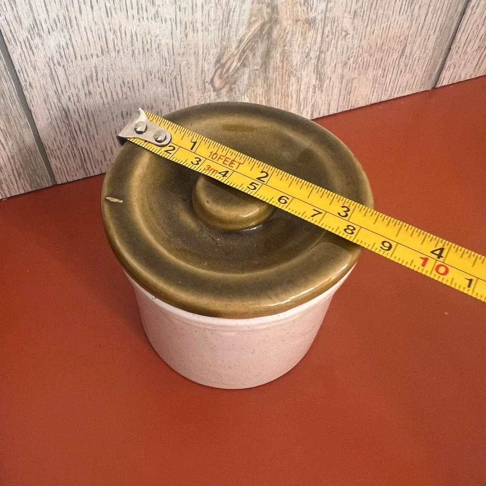Vintage Ceramic Stoneware Crock with Lid Speckled Cream and Olive Green 4 Inch